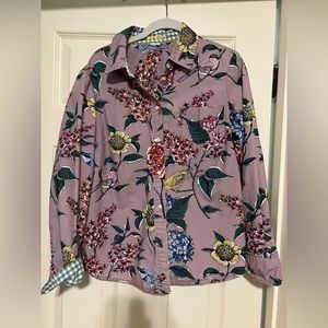 Boden women floral/bird print lilac button up blouse.